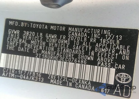 2014 Toyota Corolla L/Le/Le Pls/Prm/S/S Pls z USA, uszkodzony, nr VIN 2T1BURHE3EC076486